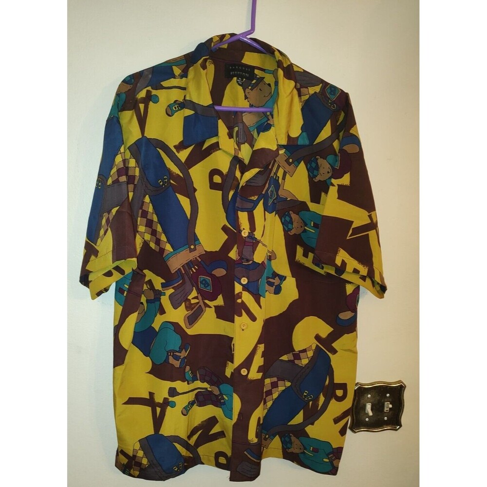 Vintage Mens Barcode Brown Yellow Blue Button Up Golf Theme Shirt Size XL